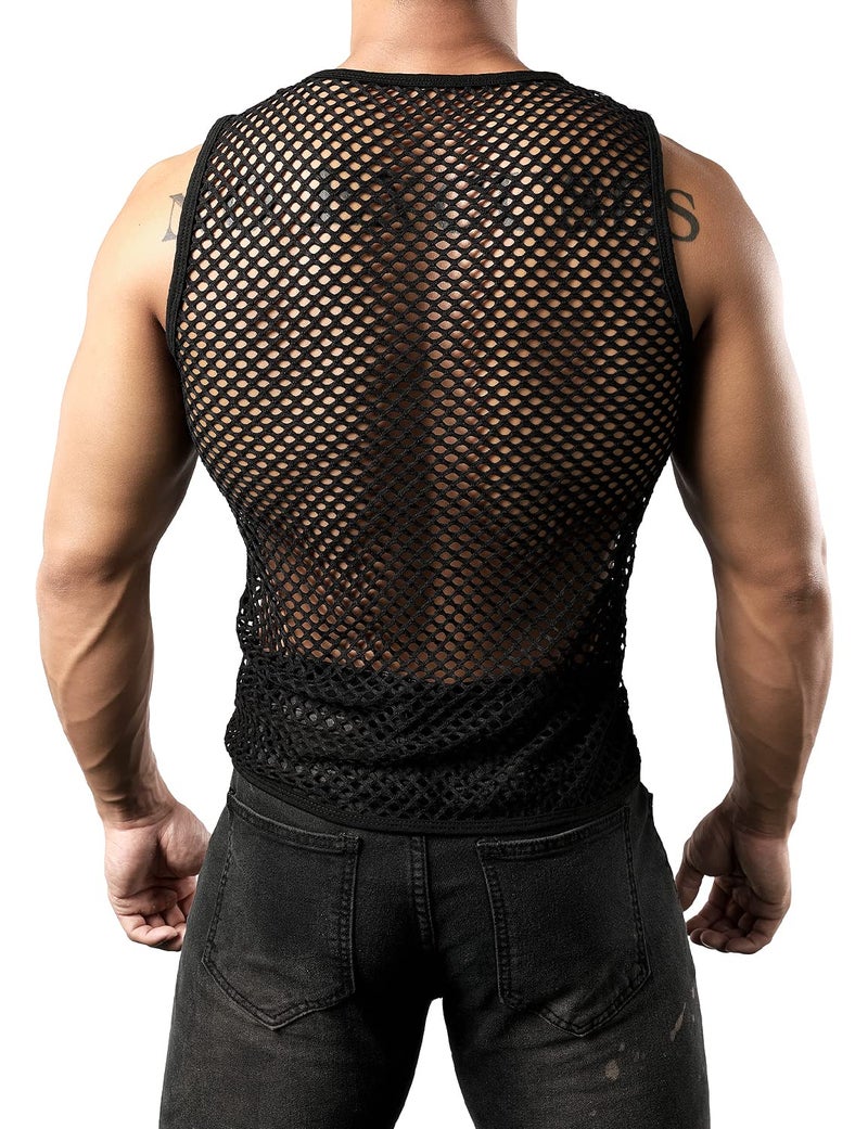 JOGAL Men's Mesh Fishnet Fitted Sleeveless Muscle Top Small WG01 Black - Image 3